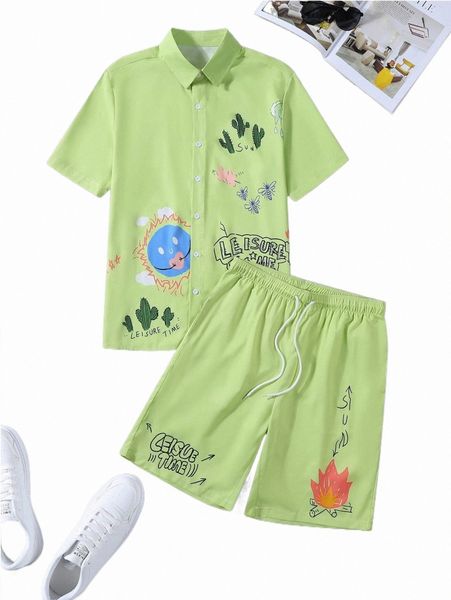 men cartoon & letter graphic shirt & shorts b1s3#, Gray