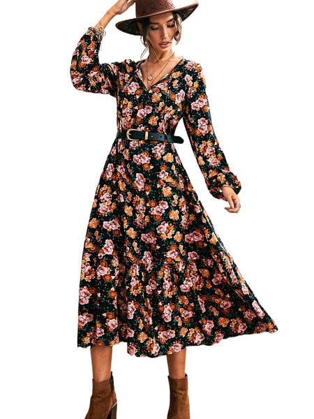rusttydustty allover floral print lantern sleeve ruffle hem dress without belt v29k#, Black;gray
rusttydustty allover floral print lantern sleeve ruffle hem dress without belt v29k#, Black;gray