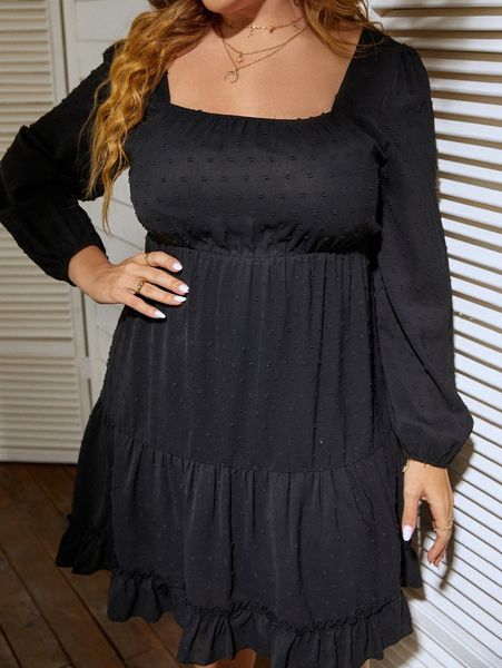 plus square neck swiss dot lantern sleeve ruffle hem dress k3db#, Black
plus square neck swiss dot lantern sleeve ruffle hem dress k3db#, Black