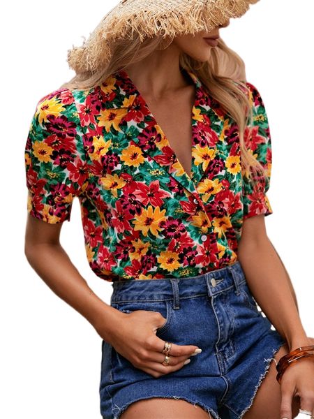 allover floral print puff sleeve blouse m6mr#, White