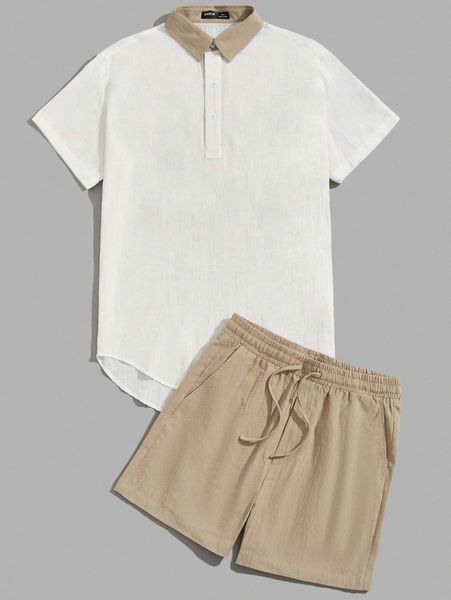 men polo collar shirt and shorts set 74jf#, Gray