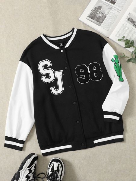 plus letter patch detail two tone bomber jacket w46i#, Black 
plus letter patch detail two tone bomber jacket w46i#, Black