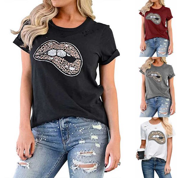 2022 summer hole women's leopard print lip print round neck short sleeve t-shirt women, White
2022 summer hole women's leopard print lip print round neck short sleeve t-shirt women, White