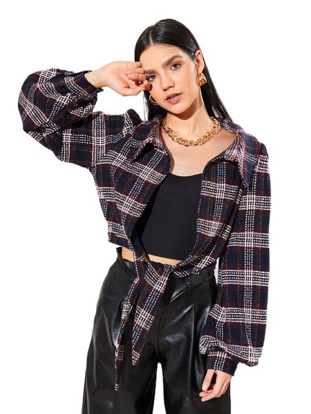 x my-dolls lantern sleeve knot hem plaid pattern overcoat 10wb#, Black
x my-dolls lantern sleeve knot hem plaid pattern overcoat 10wb#, Black