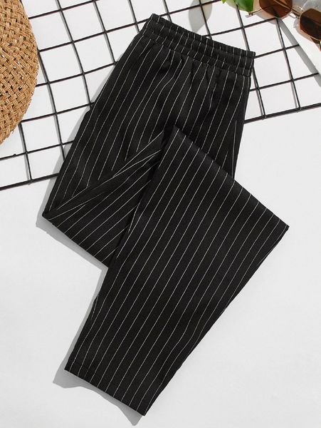 men vertical striped drawstring waist pants 47ps#, Black