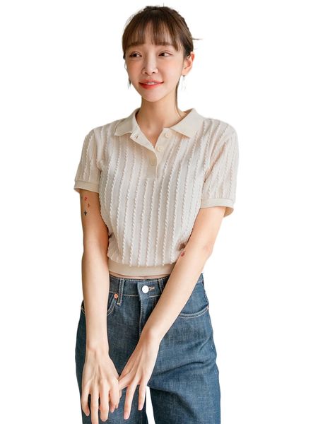 dazy textured polo neck crop tee 82pb#, White
dazy textured polo neck crop tee 82pb#, White