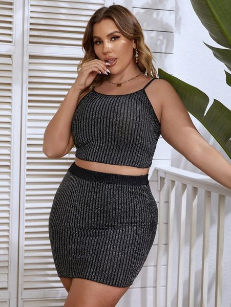 plus glitter cami & bodycon skirt g0jj#, Black
