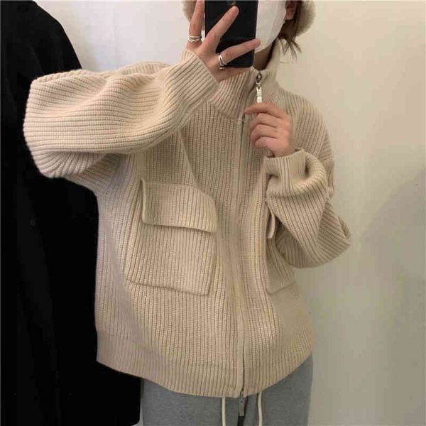 women's sweaters design sense thickened double zipper sweater coat women's loose outer wear pocket knit cardigan in autumn and win, White;black
women's sweaters design sense thickened double zipper sweater coat women's loose outer wear pocket knit cardigan in autumn and win, White;black