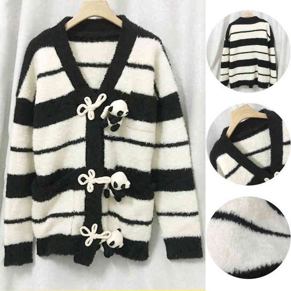 women's sweaters winter fashion buckle panda pendant casual stripe sweater 412m400541, White;black
women's sweaters winter fashion buckle panda pendant casual stripe sweater 412m400541, White;black