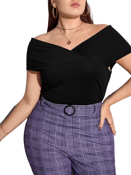 plus solid surplice neck tee j84d#, Black