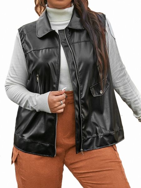 plus zip up pu leather vest jacket z3o8#, Black
plus zip up pu leather vest jacket z3o8#, Black