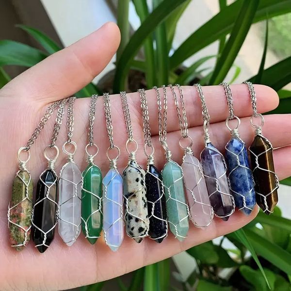 reiki healing jewelry multicolor natural stone pendant wire wrap hexagonal bullet amethysts quartz crystal pendulum chakra necklace, Silver
reiki healing jewelry multicolor natural stone pendant wire wrap hexagonal bullet amethysts quartz crystal pendulum chakra necklace, Silver