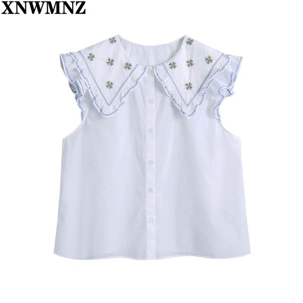 xnwmnz women sweet embroidery peter pan collar white poplin shirt female sleevelss ruffle blouse roupas chic chemise 210513
xnwmnz women sweet embroidery peter pan collar white poplin shirt female sleevelss ruffle blouse roupas chic chemise 210513