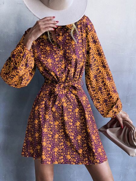 plant print lantern sleeve belted shirt dress z74d#, Black;gray
plant print lantern sleeve belted shirt dress z74d#, Black;gray