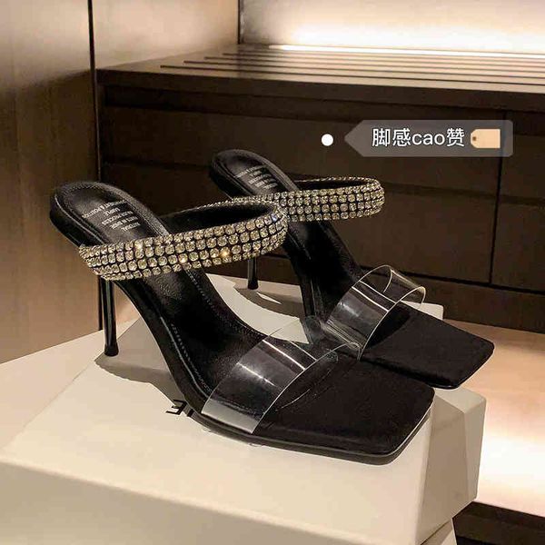 sandals queen black high heels women's summer one-sided belt thin heel transparent open toe sandals p9mr