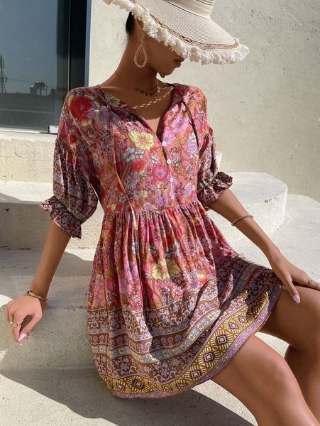 floral print flounce sleeve tie neck dress z61j#, Black;gray
floral print flounce sleeve tie neck dress z61j#, Black;gray