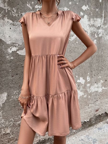 v neck ruffle hem dress g1cn#, Black;gray
