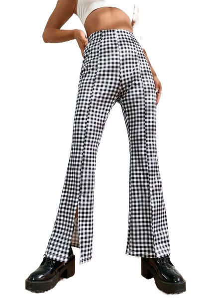 gingham split hem pants 97k2#, Black;white