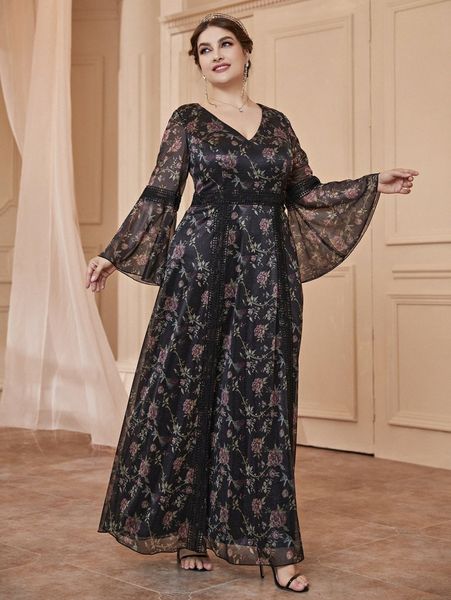 plus floral print contrast guipure lace flounce sleeve formal dress d1uq#, Black
plus floral print contrast guipure lace flounce sleeve formal dress d1uq#, Black