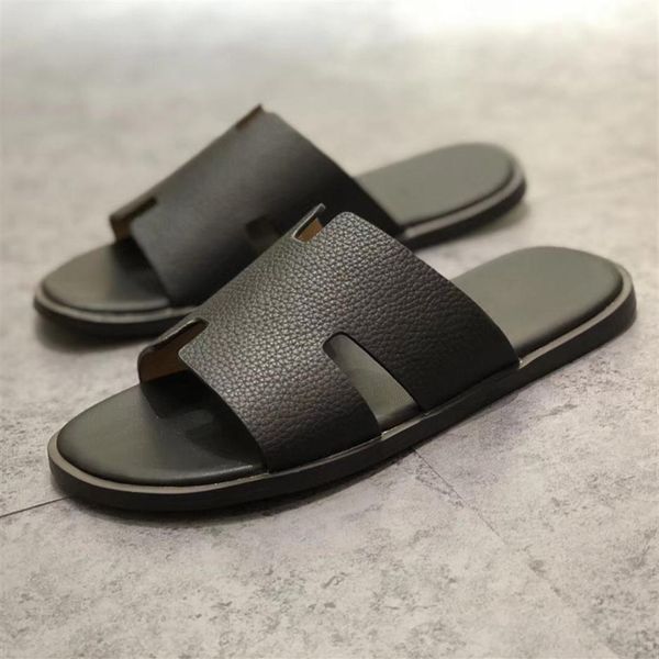 new designer men's half slipper genuine leather european cowhide style sandals new men shoes loafers large size slippers size225q, Black