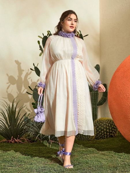 plus appliques contrast lace dress s9km#, Black