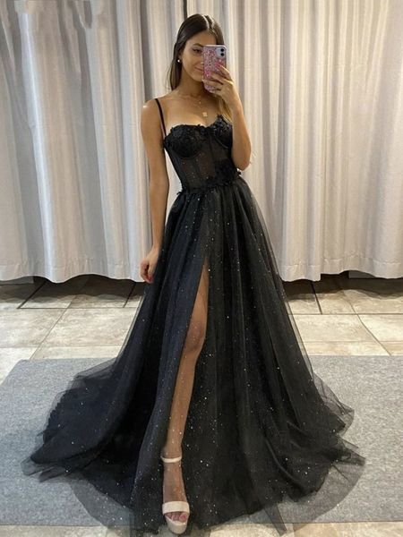black glitter tulle a line prom evening dresses spaghetti straps side slit 3d flowers lace formal party gowns lace-up robe de soiree vestido, Black;red
black glitter tulle a line prom evening dresses spaghetti straps side slit 3d flowers lace formal party gowns lace-up robe de soiree vestido, Black;red