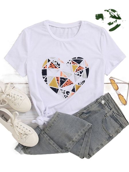 geo & heart print crew neck tee 834q#, White 
geo & heart print crew neck tee 834q#, White