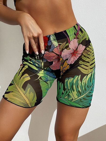 tropical print cover up shorts n7wk#, White;black