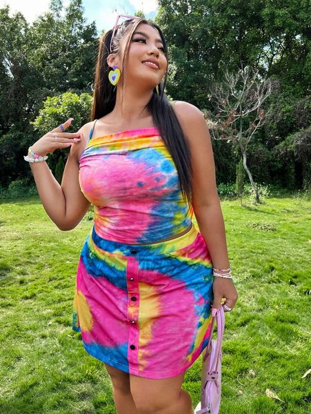 plus tie dye ruched side crop cami & fake button skirt a7y6#, Black
plus tie dye ruched side crop cami & fake button skirt a7y6#, Black