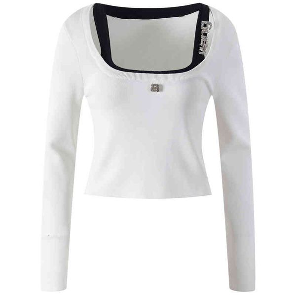 women's knits tees early spring style square neck letter fake two-piece sweater short diamond inlaid hollow long sleeve splicing t-shir, White
women's knits tees early spring style square neck letter fake two-piece sweater short diamond inlaid hollow long sleeve splicing t-shir, White