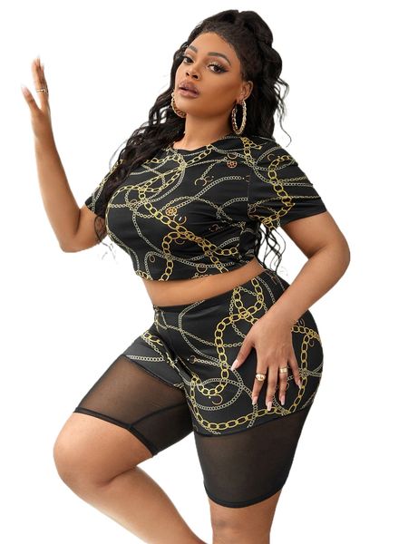 sxy plus chain print crop tee with contrast mesh biker shorts q3qx#, Black 
sxy plus chain print crop tee with contrast mesh biker shorts q3qx#, Black