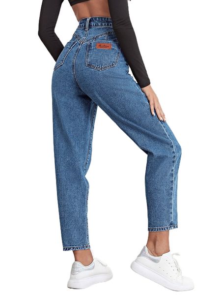 letter patch high waist mom cropped jeans p2zr#, Blue