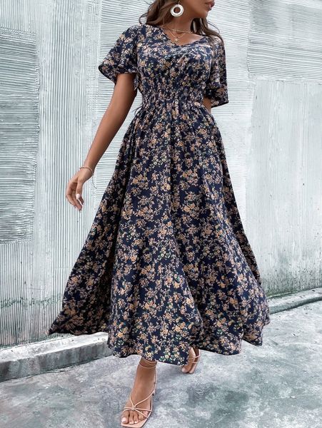 floral print flounce sleeve dress r0n7#, Black;gray