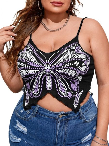 plus butterfly pattern lettuce trim hanky hem cami d7jz#, Black 
plus butterfly pattern lettuce trim hanky hem cami d7jz#, Black