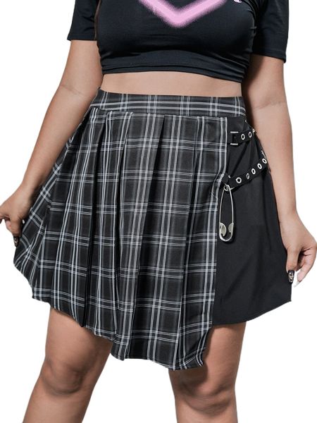 plus plaid print pleated skirt e6yn#, Black