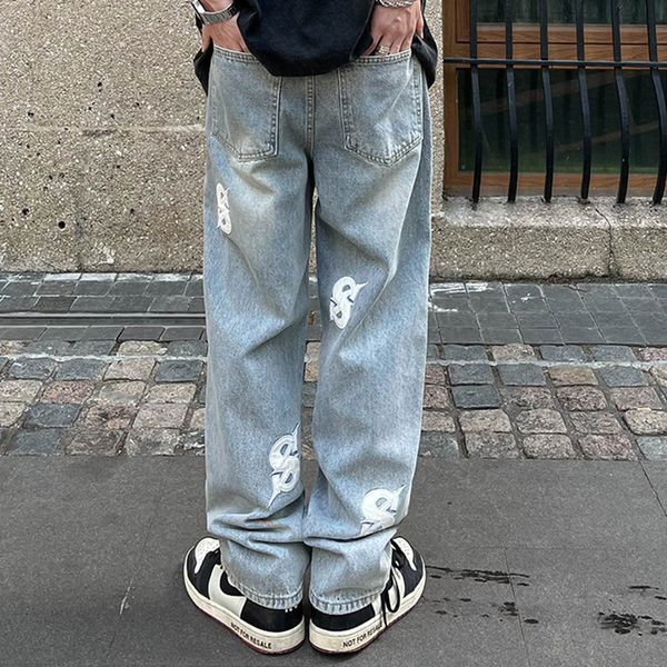 hop leather hip letter embroidery straight jeans pants for men and women pockets loose denim trousers, Blue
hop leather hip letter embroidery straight jeans pants for men and women pockets loose denim trousers, Blue