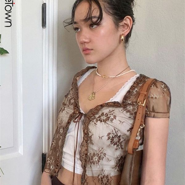 sweetown brown vintage lace crop short sleeve see through mesh woman tshirts v neck lace up floral kawaii clothes 220617, White
sweetown brown vintage lace crop short sleeve see through mesh woman tshirts v neck lace up floral kawaii clothes 220617, White