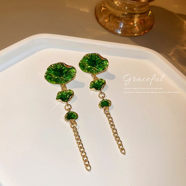925 silver needle chinese long high profile elegant dripping oil green lotus leaf earrings mori style eardrop for summer wom, Golden
925 silver needle chinese long high profile elegant dripping oil green lotus leaf earrings mori style eardrop for summer wom, Golden