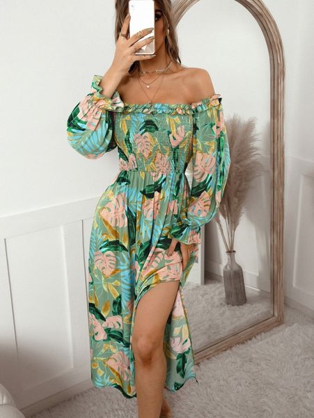 tropical print off shoulder shirred flounce sleeve dress x7a0#, Black;gray 
tropical print off shoulder shirred flounce sleeve dress x7a0#, Black;gray