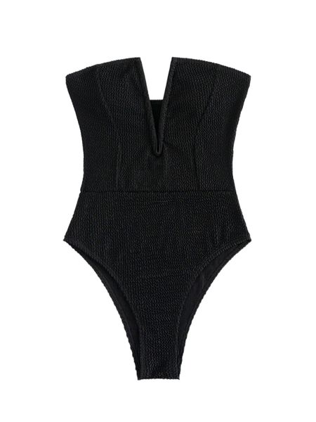 textured v wired bandeau one piece swimsuit z8p4#, White;black 
textured v wired bandeau one piece swimsuit z8p4#, White;black