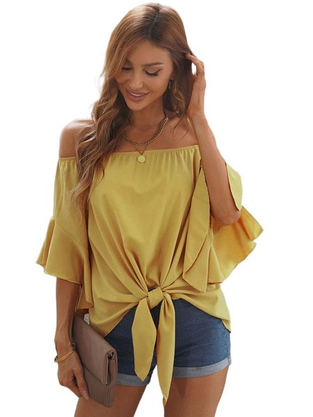off shoulder flounce sleeve knot hem blouse z8rd#, White
off shoulder flounce sleeve knot hem blouse z8rd#, White