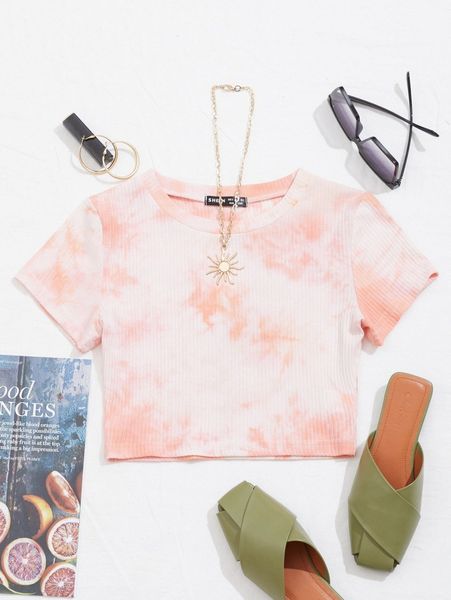 tie dye rib-knit crop tee l7sg#, White