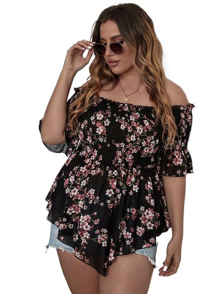 plus floral print off shoulder shirred frill trim peplum chiffon blouse v68o#, Black
plus floral print off shoulder shirred frill trim peplum chiffon blouse v68o#, Black