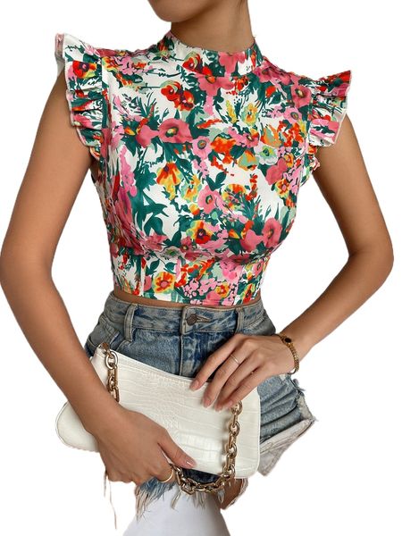 allover floral print mock neck ruffle trim tie backless crop blouse m13i#, White
allover floral print mock neck ruffle trim tie backless crop blouse m13i#, White