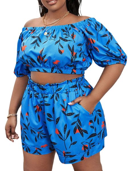 plus floral print off shoulder & paperbag waist shorts j4hn#, Black