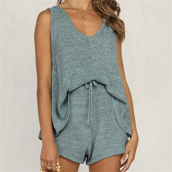 deat 2020 summer new arrivals sleeveless v neck knitted drawstring elastic shorts casual two piece set women outfits mj183 t200701, White
deat 2020 summer new arrivals sleeveless v neck knitted drawstring elastic shorts casual two piece set women outfits mj183 t200701, White