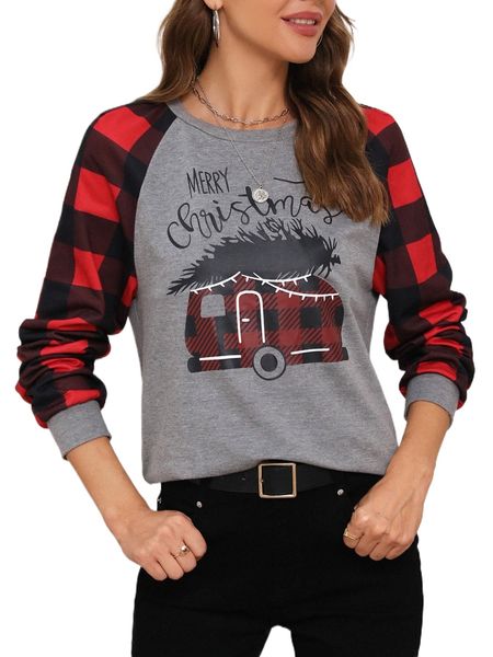 plaid sleeve christmas print sweatshirt j6mt#, Black