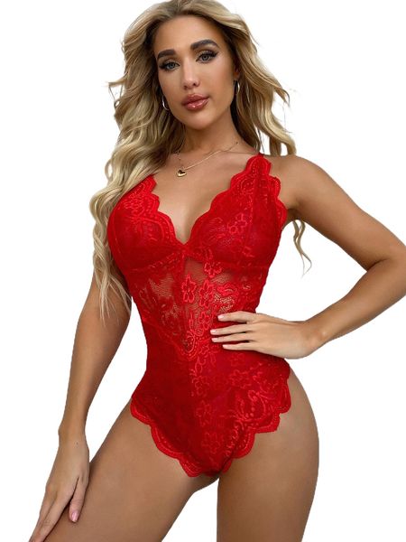 floral lace scallop trim teddy bodysuit u4bf#, Black;red 
floral lace scallop trim teddy bodysuit u4bf#, Black;red