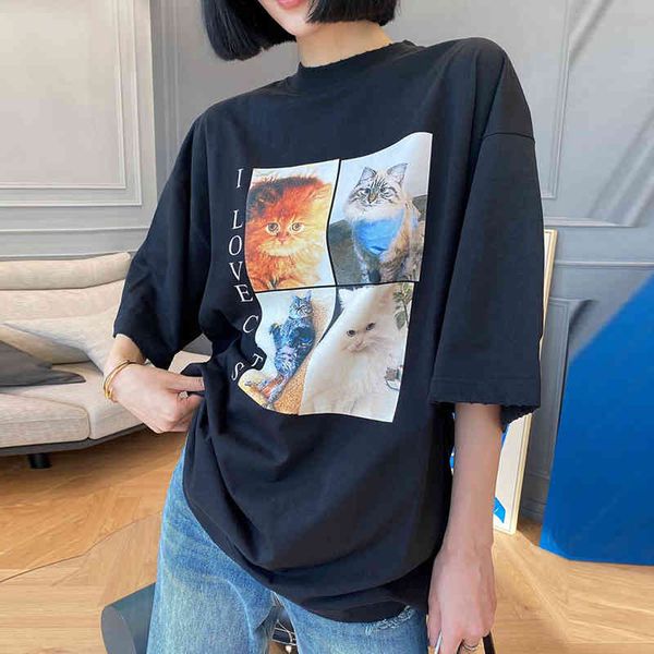 women's t-shirt four cat printing loose summer medium long short sleeve personalized t-shirt cotton men's and women's same st, White
women's t-shirt four cat printing loose summer medium long short sleeve personalized t-shirt cotton men's and women's same st, White