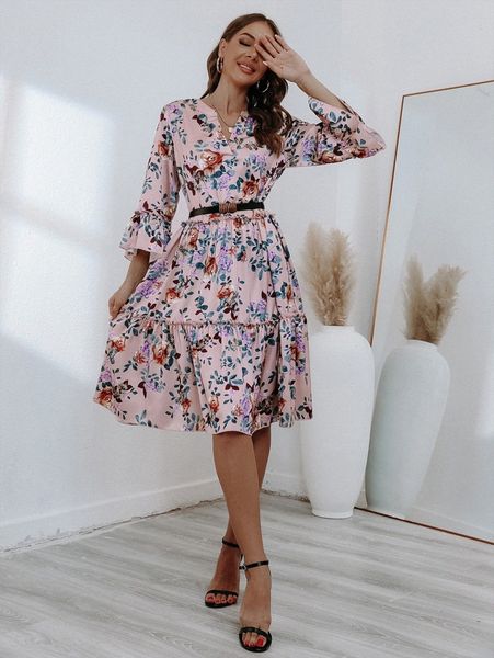 floral print notch neck frill trim ruffle hem flounce sleeve dress without belt a8cu#, Black;gray
floral print notch neck frill trim ruffle hem flounce sleeve dress without belt a8cu#, Black;gray